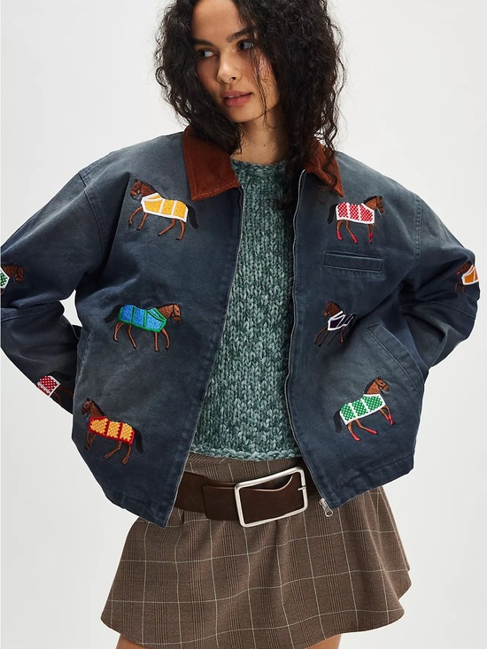 Found Jackets & Blazers - Found Lariat Blue Embroidered Horse Western Bohemian Utility Barn Jacket L